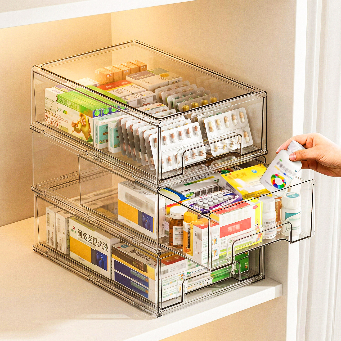 收纳盒抽屉式药箱桌面透明医药箱大容量家庭装药品分类收纳箱药盒