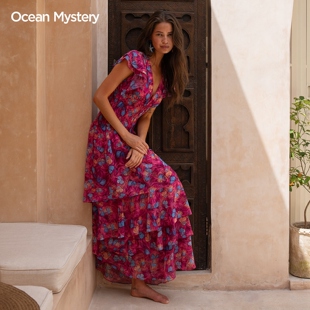 女V领收腰显瘦荷叶边层叠度假长裙 印花连衣裙 OCEAN MYSTERY法式