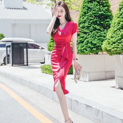 夏季女装2024新款性感气质红色连衣裙荷叶边开叉修身显瘦包臀裙