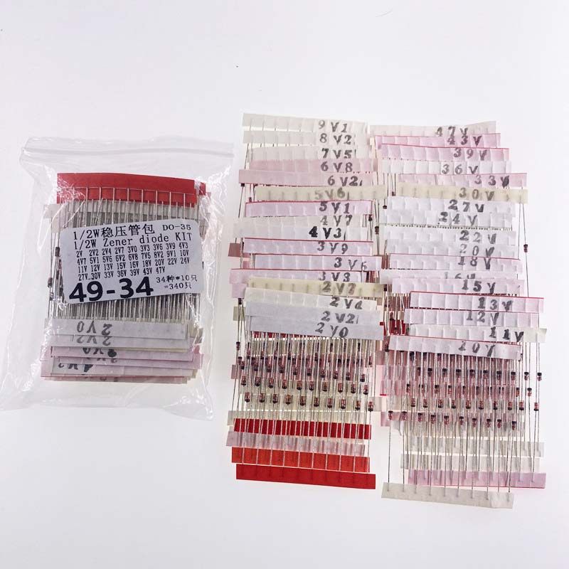 混装1/2W 0.5W直插稳压二极管2V-47V齐纳稳压管34种共340只