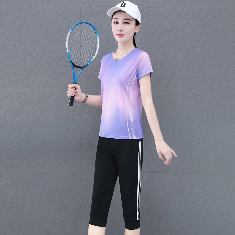 新品羽毛球服女短袖七分裤速干运动休闲T恤网排球乒乓团购运动套