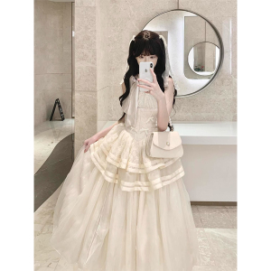 2025夏季新款小个子温柔甜美芭蕾风蝴蝶结蕾丝拼接收腰蓬蓬连衣裙