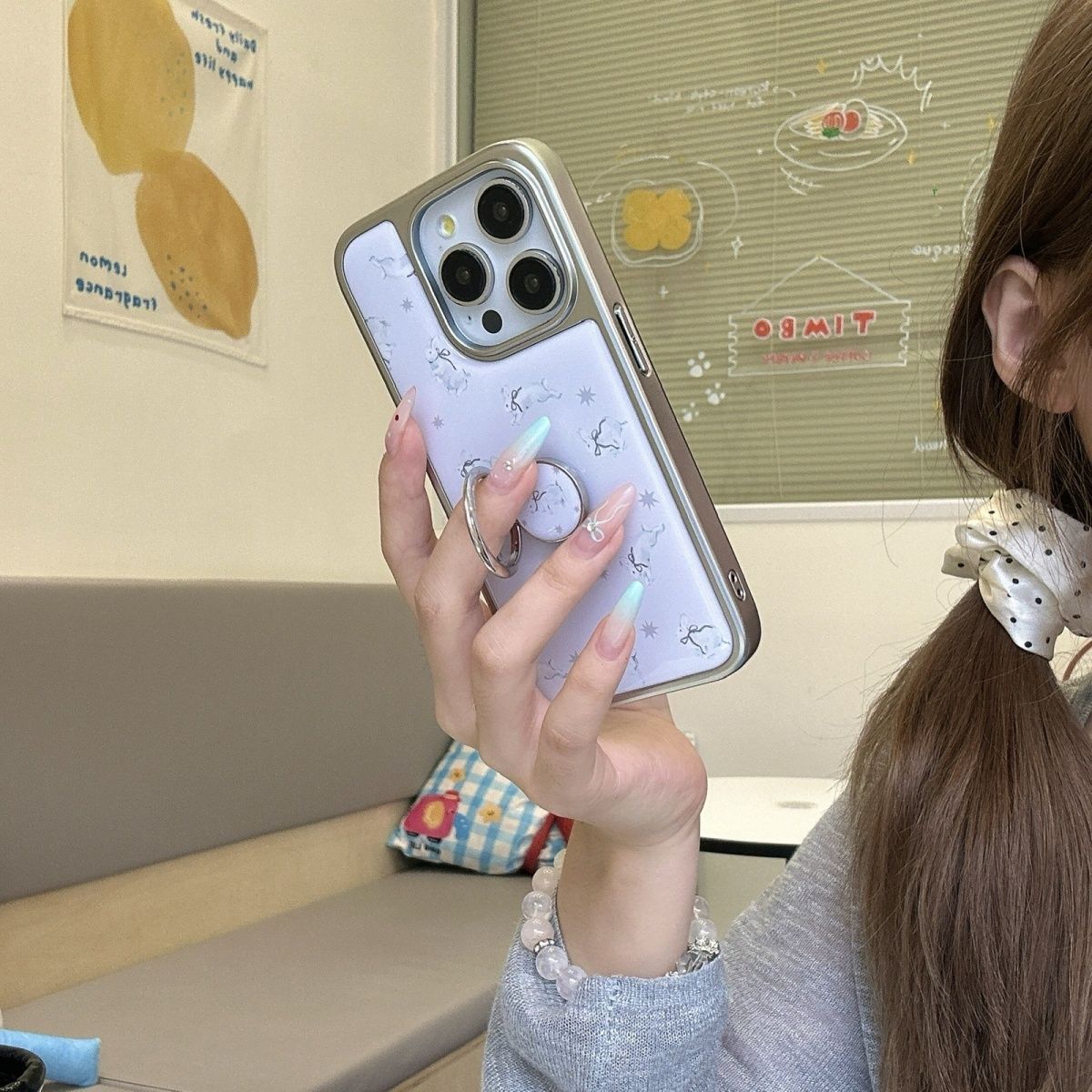 ins粉紫蝴蝶结兔子指环支架适用于苹果16promax手机壳iPhone15pro新款14保护套13