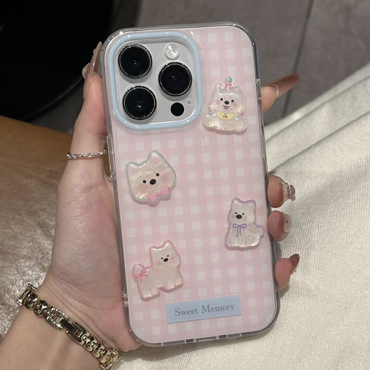 ins高颜值粉格子西高地适用苹果16手机壳iPhone15promax趣味14/13