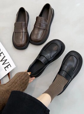 厚底乐福鞋女小皮鞋2024年春秋季新款韩版百搭复古单鞋一脚蹬软底