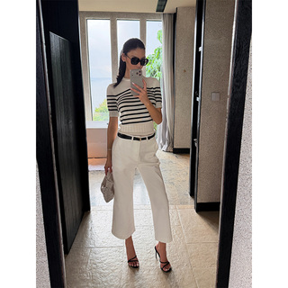 VanessaLab 微弹白色牛仔裤女高腰直筒裤显瘦宽松休闲阔腿九分裤