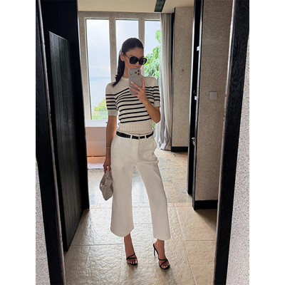 VanessaLab 微弹白色牛仔裤女高腰直筒裤显瘦宽松休闲阔腿九分裤