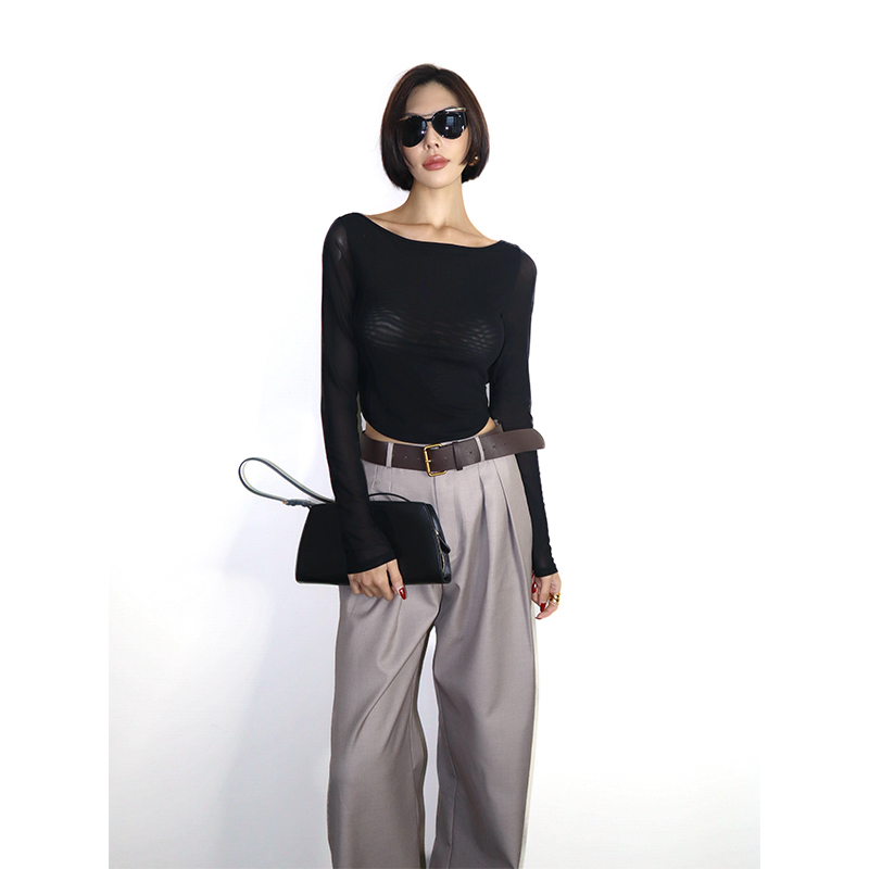 VanessaLab 秋季短款紧身内搭打底衫黑白长袖t恤女透视网纱针织衫