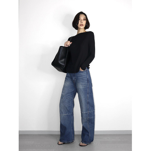 【5折】私服秋冬蓝色复古拼接牛仔裤女直筒高腰宽松显瘦弯刀裤
