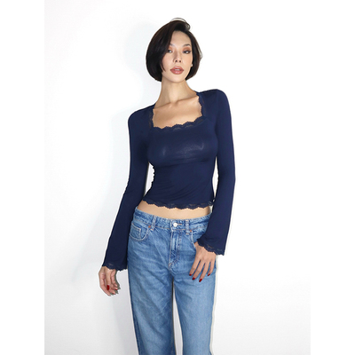 【5折】复古拼接蕾丝边弹力微喇叭袖t恤女藏青色显瘦方领上衣