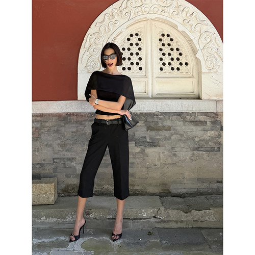 VanessaLab私服巨好穿廓形立体剪裁蕾丝腰头直筒西装显瘦裤七分裤