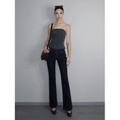 VanessaLab 长裤 超模裤 弹力女中腰复古深蓝色加长牛仔微喇牛仔裤