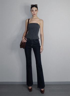 VanessaLab 超模裤弹力女中腰复古深蓝色加长牛仔微喇牛仔裤长裤