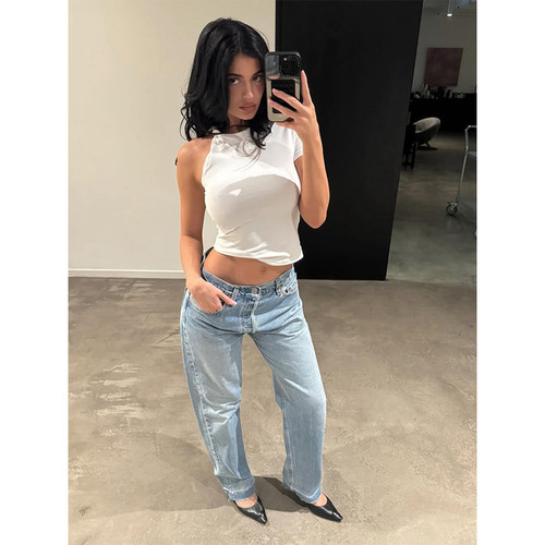 VanessaLab khy kylie同款斜肩扭结不规则短款上衣修身弹力t恤女