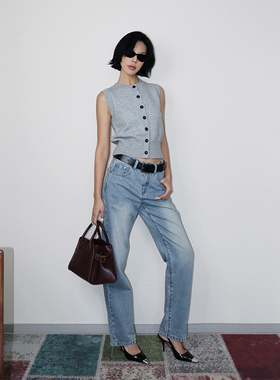 【5折】秋冬经典裤型时髦宽松直筒法棍显瘦复古蓝色牛仔裤女