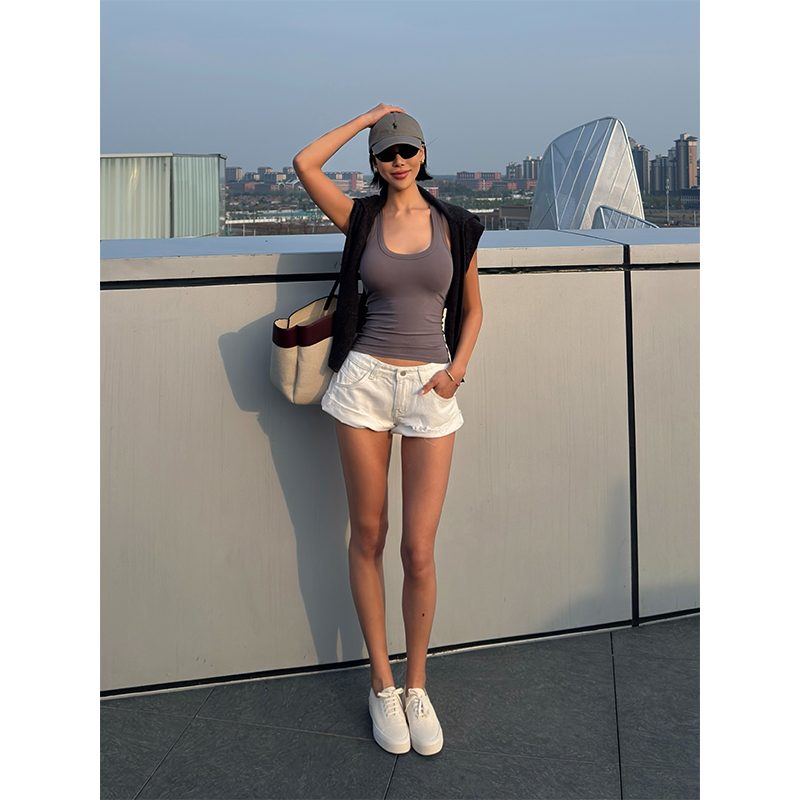 VanessaLab 夏季白色做旧卷边牛仔短裤女辣妹风明线留须休闲裤