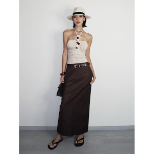 VanessaLab 咖啡色高腰百搭西装裙女夏季气质直筒侧开叉半身裙子