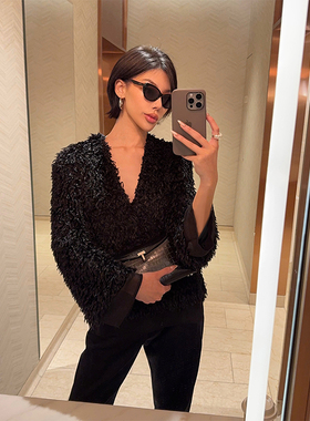 VanessaLab 私服早秋拼接环保仿皮草毛喇叭袖深V气质毛毛短外套女