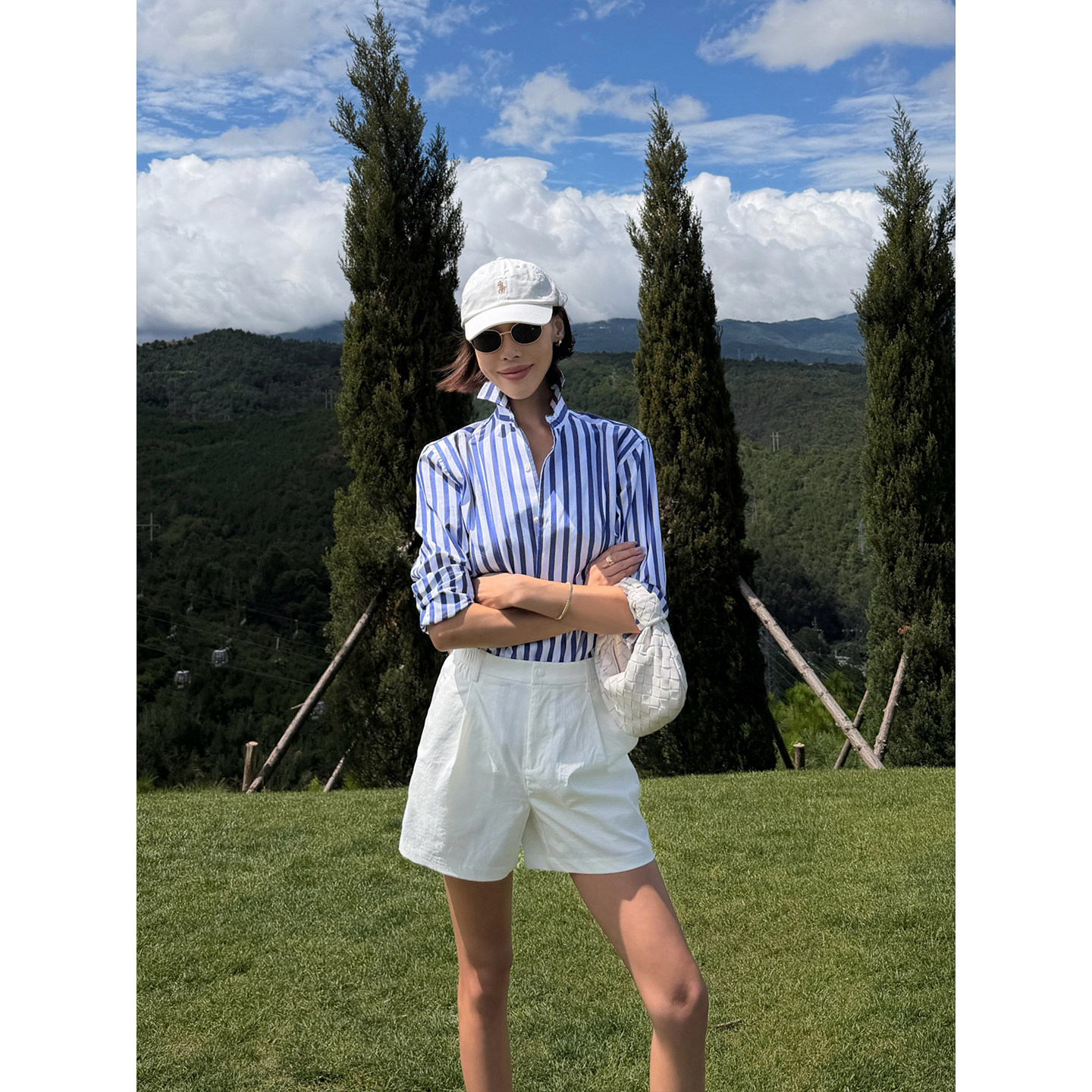 VanessaLab私服RL紫标老钱度假感蓝白色织竖条纹女宽松长袖衬衫女图片