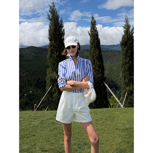 VanessaLab私服RL紫标老钱度假感蓝白色织竖条纹女宽松长袖衬衫女