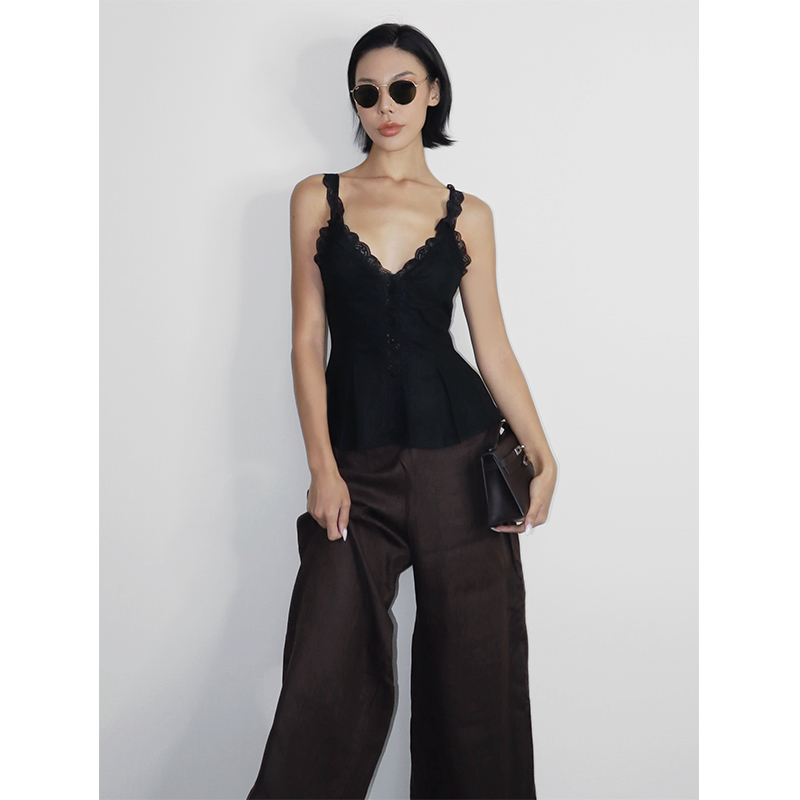 【5折】 夏季老钱度假法式蕾丝拼接伞摆前开扣系带百搭吊带背心