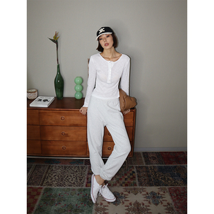 5折 毛圈运动裤 美式 秋季 女 辣妹街头复古浅花灰色休闲裤