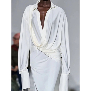 VanessaLab 慵懒法式小众轻奢宽松白色衬衫女交叉垂坠不规则衬衣
