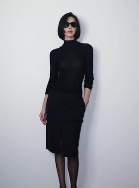 VanessaLab 秋冬基础款纯色黑色休闲约上衣百搭高领长袖针织衫女