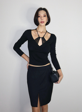 VanessaLab 黑色假两件拼接蕾丝修身长袖t恤女串珠挂脖设计上衣秋