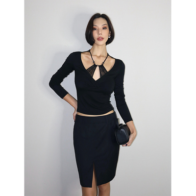 VanessaLab 黑色假两件拼接蕾丝修身长袖t恤女串珠挂脖设计上衣秋