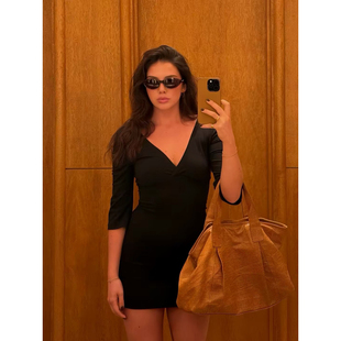 VanessaLab 性感弹力黑色V领七分袖修身连衣裙秋季休闲日常短裙子