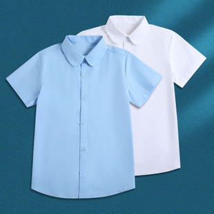 女童短袖白衬衣夏季薄款纯棉天蓝色衬衫礼服中大童小学生校服班服