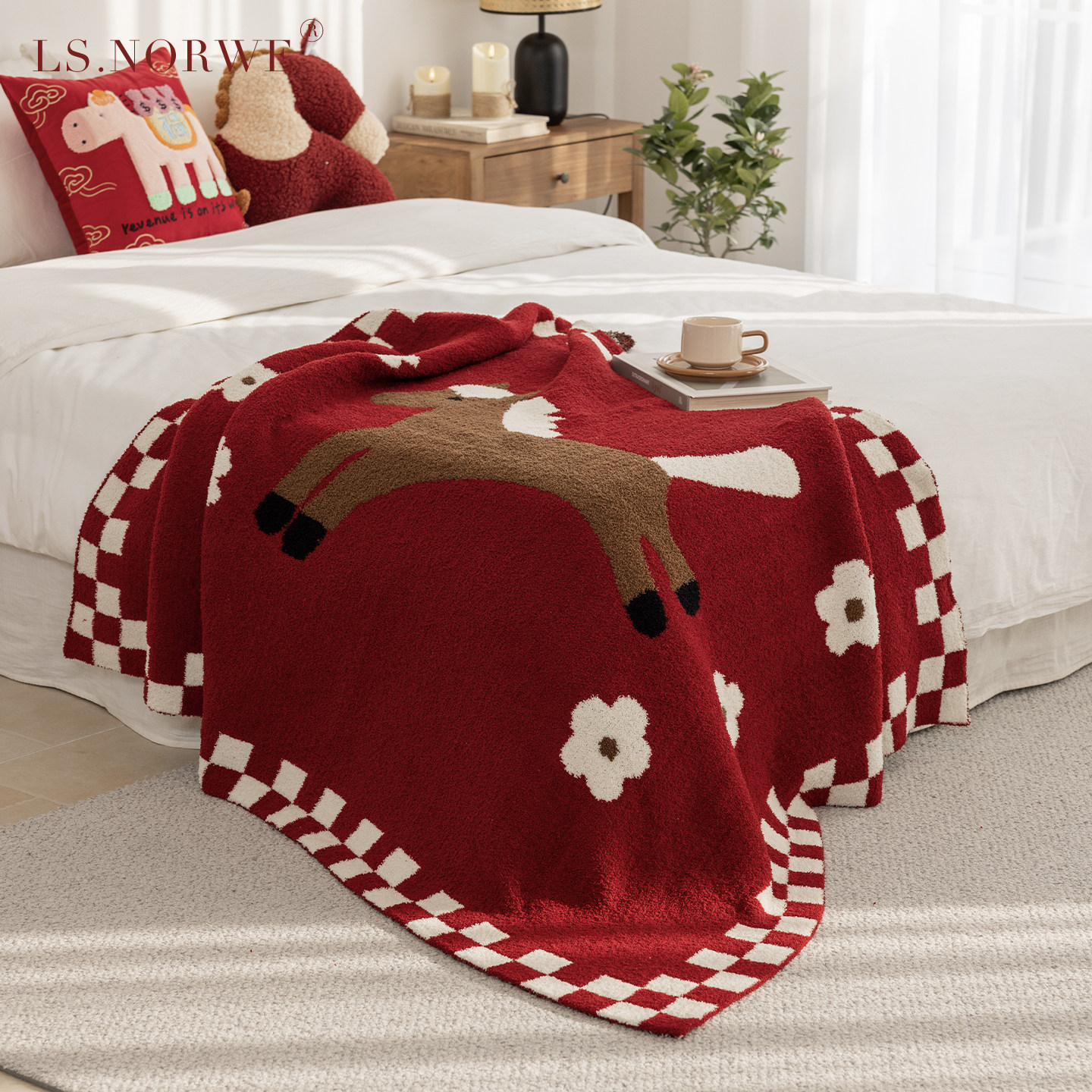 马年毛毯红色小马盖毯披肩空调毯加厚新年氛围感装饰毯子厚沙发毯