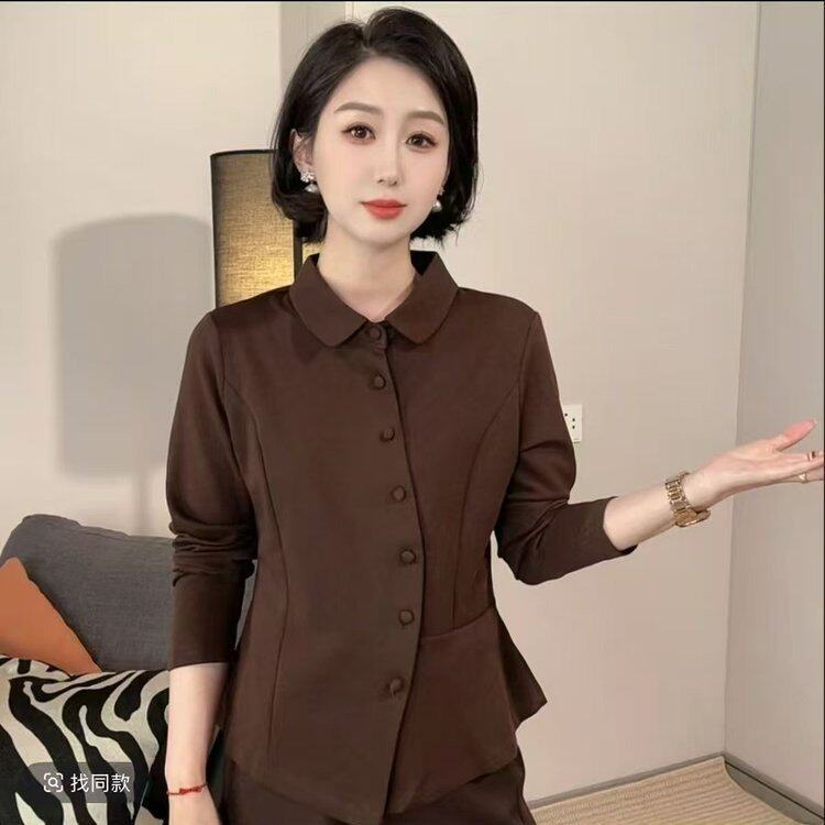 正品收腰显瘦翻领简约衬衫2026秋季新款洋气百搭妈妈装减龄衬衣