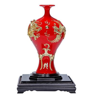 物龙凤呈祥厦门特色工艺品家居摆件结婚新陶瓷中国红瓶漆线雕瓷婚