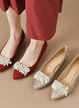 A1004-1-2婚鞋女红色秀禾鞋粗跟亮片礼服鞋宴会鞋宽胖脚大码女鞋