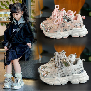 女童运动鞋2025春秋新款儿童网面银色老爹鞋轻便软底中大童跑步鞋