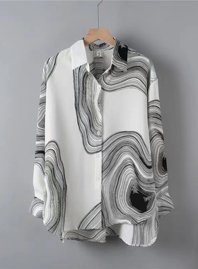 黑色衬衫女秋季新款设计感小众印花雪纺衬衣洋气小衫长袖上衣