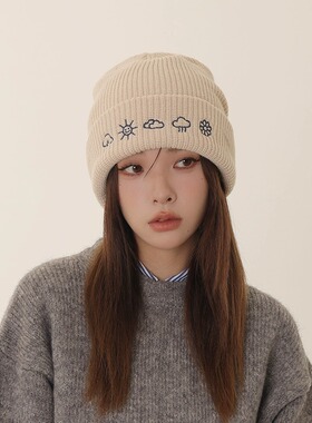 CoorKeva宽松毛线帽女刺绣护耳