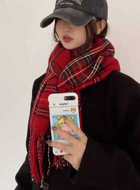 LULU红色围巾保暖高级女格子冬季