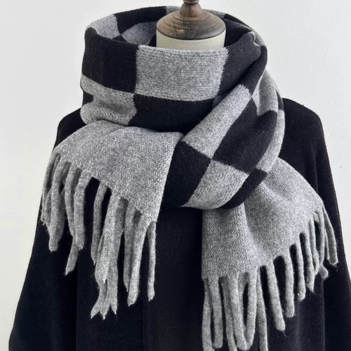 【正品】Coor Koor韩版拼色流苏大格子羊绒围巾女冬季加厚针织