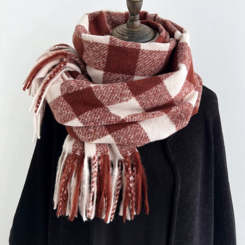 【正品】Coor Koor韩版男女冬季羊绒围巾拼色格子莫兰迪粉流苏