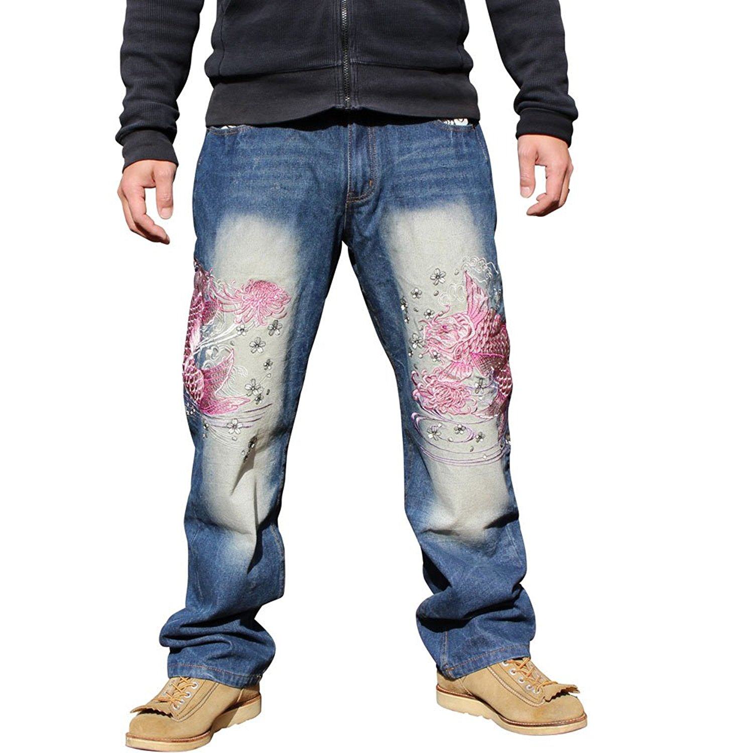 出口日本全刺绣直筒牛仔长裤男 纹身刺青浮世绘和柄横须贺鲤鱼
