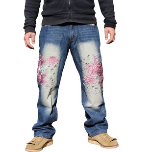 外贸出口日本全刺绣直筒牛仔长裤男纹身刺青浮世绘和柄横须贺鲤鱼