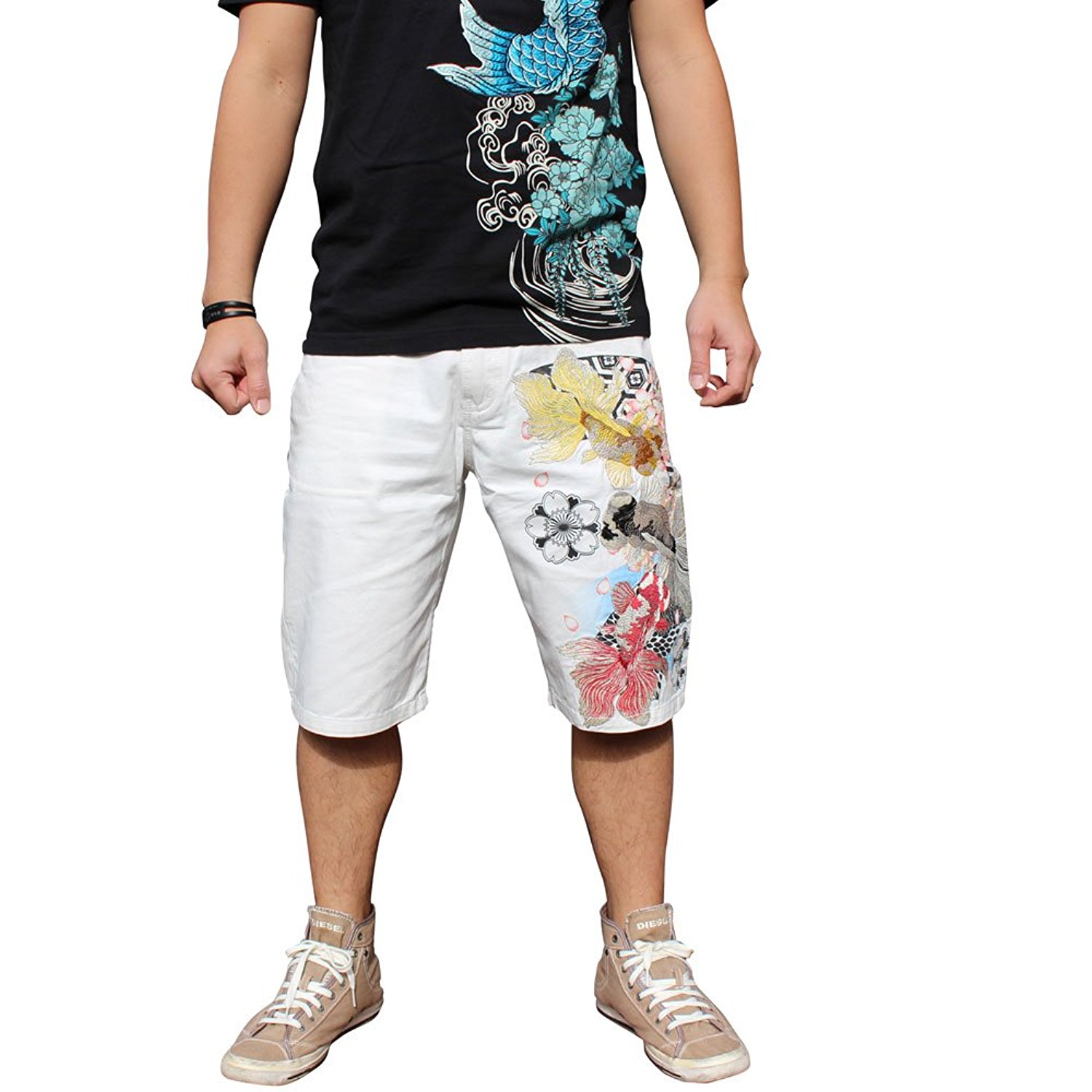 牛仔刺绣横须贺纹身金鱼七分裤