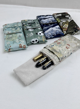 布邑中国风钢笔袋三支装笔袋蓝色锦缎手工笔包便携防划防尘笔套