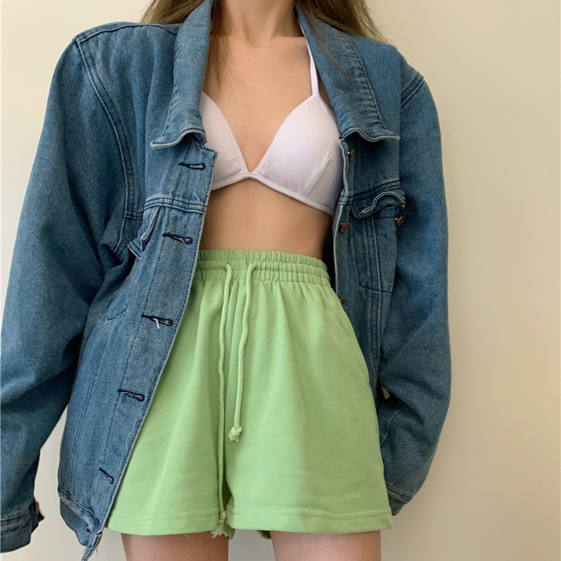 休闲短裤女宽松夏季居家睡裤显瘦高腰阔腿运动裤外穿绿色五分裤子