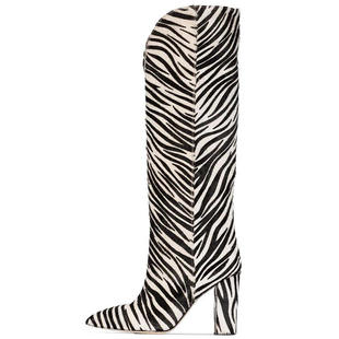 欧美女士斑纹马毛粗高跟尖头一脚蹬及膝靴外贸款大码女鞋时装靴