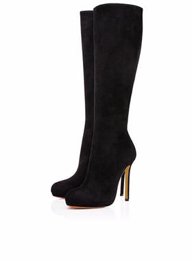 欧美黑色高跟及膝靴冬季女长靴圆头细跟薄水台女靴women's 时装靴