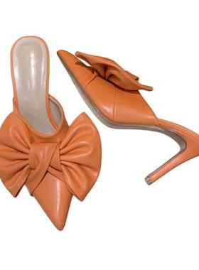 橙色PU尖头细结穆勒拖单鞋白色黑色高跟拖鞋外贸大码Y2107011橡胶